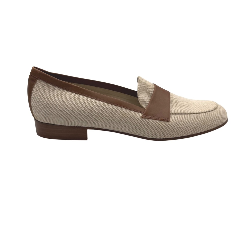 Talbots Beige Canvas Brown Leather Trim Loafers Size 8N Italy Preppy Classic